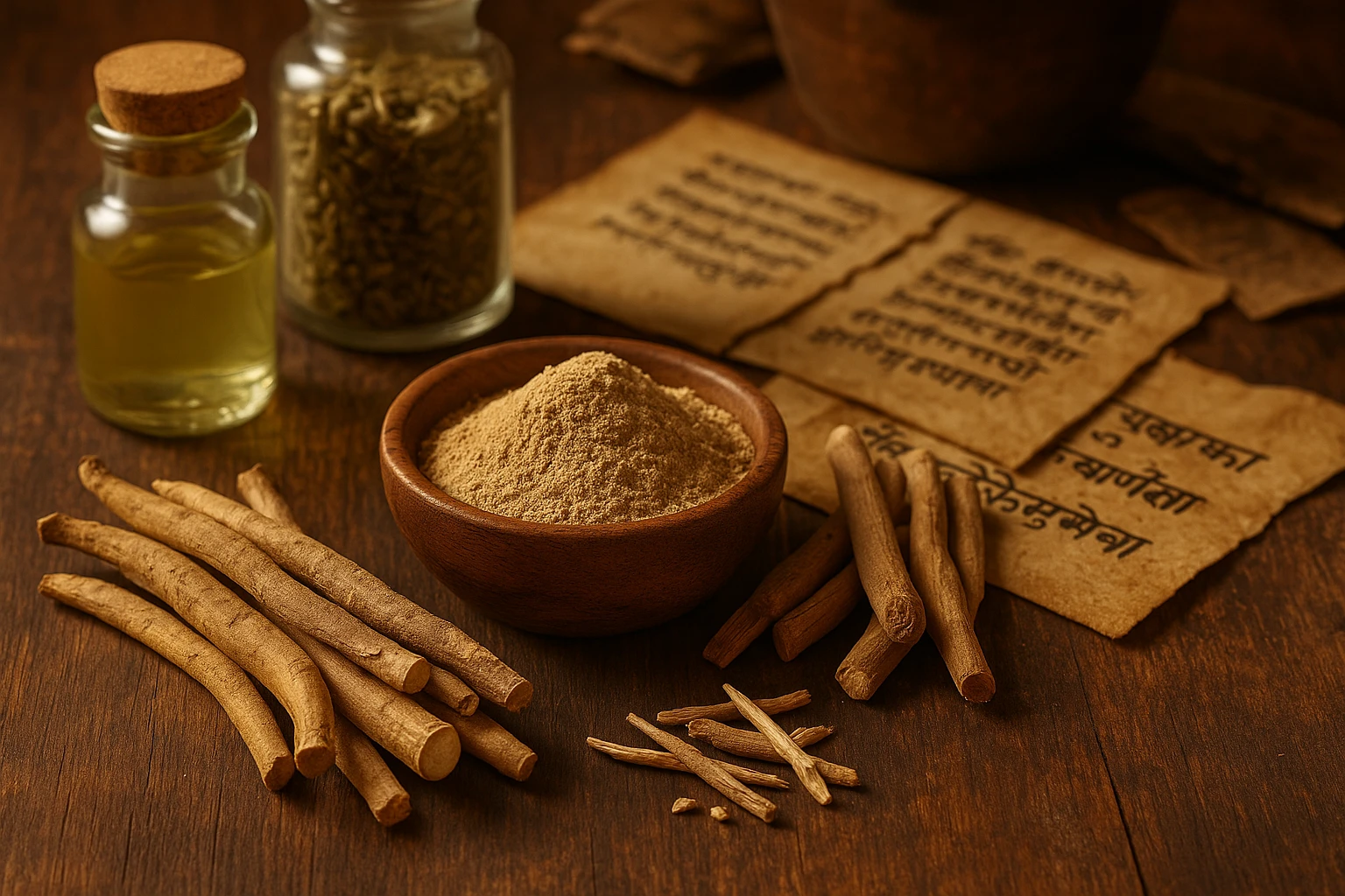 Ashwagandha root and powder – traditional adaptogenic plant